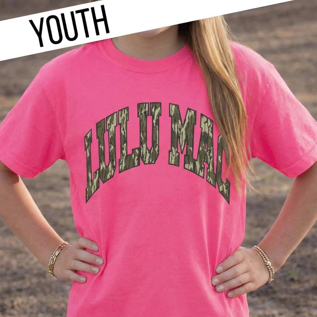 KD-MO-1000  Mossy Oak Bottomland Neon Pink Youth Comfort Colors Mossy Oak Tee: Neon Pink